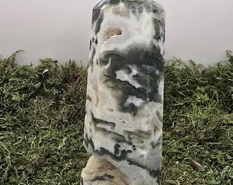 Moss Agate Druzy Tower • 6.5” Polished Crystal • Natural Druzy Caves • Grounding & Nature Energy