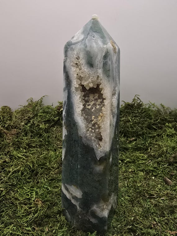 Large Moss Agate Druzy Tower • 7.5in 954g • Natural Geode Cavern