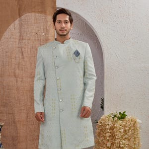 Lady Dwiza Light Sky Blue Indian Royal Designer Ethnic Wedding Wear Traditional Groom Dress Indo Western Sherwani for Men