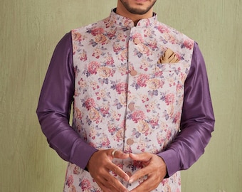 Nehru-jasje voor heren met bloemenprint | Designer vest voor een Indiase bruiloft | Feestelijk etnisch kurta-vest