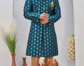 Men's Asian Style Jacquard Silk Indo-Western Wedding Set | Royal Ethnic Groom Sherwani