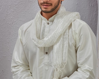 Men's White Zari Stripe Scarf for Sherwani, Kurta, Wedding Stole, Tassels