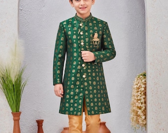 Boys Bottle Green Bandhgala Sherwani Set, Gold Jacquard Silk Wedding Outfit (Custom Fit)