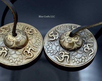 2.5 Inch Diameter Hand Tuned to Key Hindu OM Embossed Tingsha-Tingsha Tibetan Bell (Chimes)Handmade in Nepal-Best for Meditation, yoga