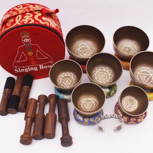 Tibetan singing bowl Natural set- Singing bowl set of 7 -7 Chakra healing singing bowl set for healing and Meditation-Singing Bowl-Yoga Set