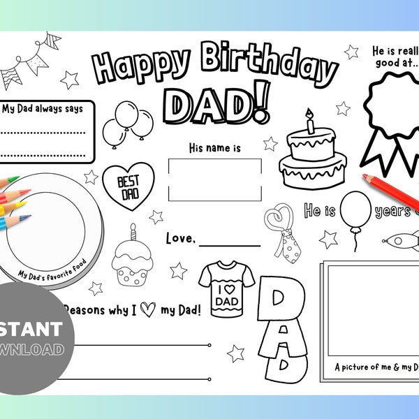 Happy Birthday Dad Coloring Page, Printable All About Dad Template, Dad’s Birthday Printable from Kids, Dad Birthday Printable DIY Kids Gift
