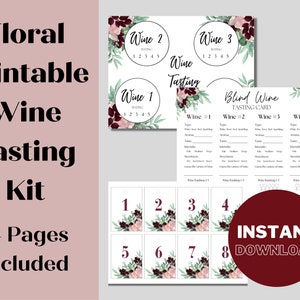 Wine Tasting Kit, Floral Blind Wine Tasting, Maroon Flowers, Bachelorette Wine Night, Wine Bottle Tags, Event Planning Guide Printable