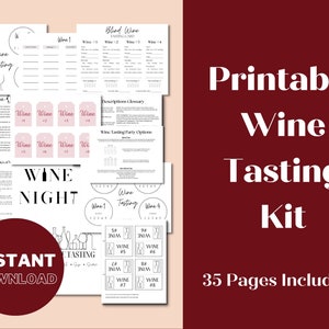 Puede incluir: Kit de cata de vinos imprimible con 35 páginas. El kit incluye una guía de cata de vinos, tarjetas de cata de vinos y etiquetas de vino. El kit es perfecto para organizar una fiesta de cata de vinos.