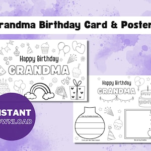 Printable Coloring Birthday Card for Grandma Birthday Card DIY Gift Kids Gift for Grandma Birthday Grandma Gift Printable Birthday Printable
