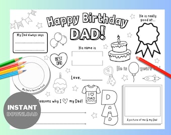 May include: A printable coloring page for a father's birthday. The page features a birthday cake, a rocket, a balloon, a heart with the words "Best Dad", and a space for a picture of the child and their dad. The text "Happy Birthday Dad!" is at the top of the page.