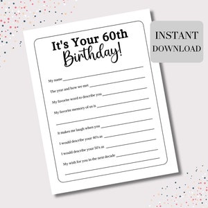 60e verjaardag spel afdrukbaar, 60 verjaardagsfeestspellen, mijlpaalverjaardag, volwassen verjaardagsfeestje afdrukbaar 60 verjaardag Vul het lege spel in