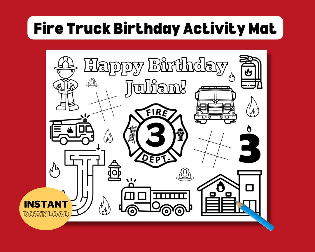 Custom Fire Truck Birthday Coloring Placemat (digital Download) - Etsy