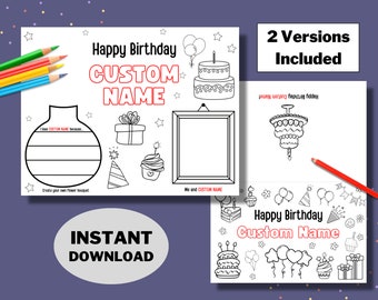 Puede incluir: Dos páginas para colorear imprimibles para una celebración de cumpleaños. La primera página presenta un pastel de cumpleaños, una caja de regalo, un cupcake, un gorro de fiesta, una estrella y un marco para una foto. La segunda página presenta un pastel de cumpleaños, globos, un gorro de fiesta, un cupcake, una caja de regalo y una estrella. Ambas páginas incluyen el texto "Feliz cumpleaños" y "Nombre personalizado".