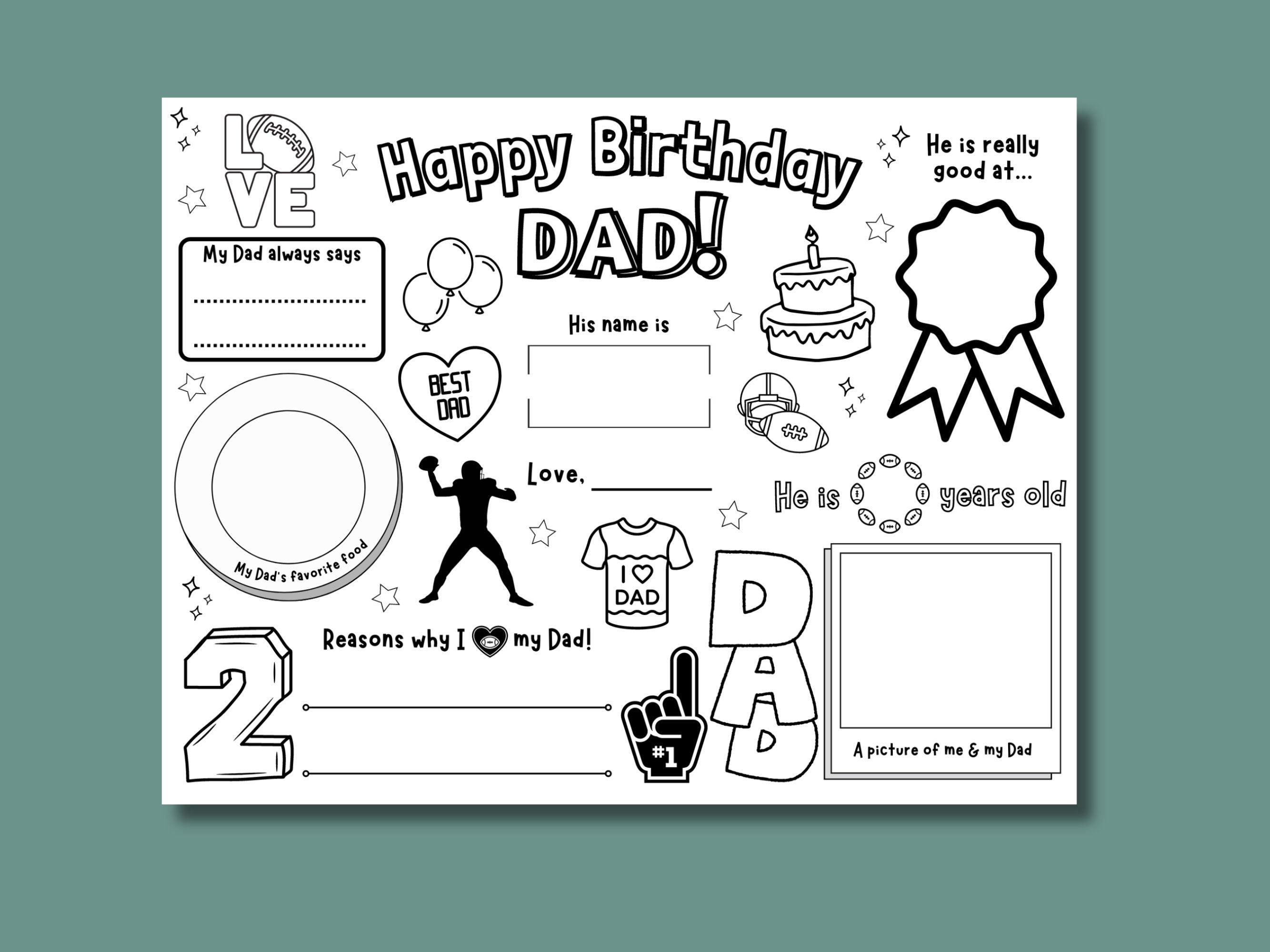 Printable Football Dad Coloring Birthday Card, DIY Birthday Card, Kids