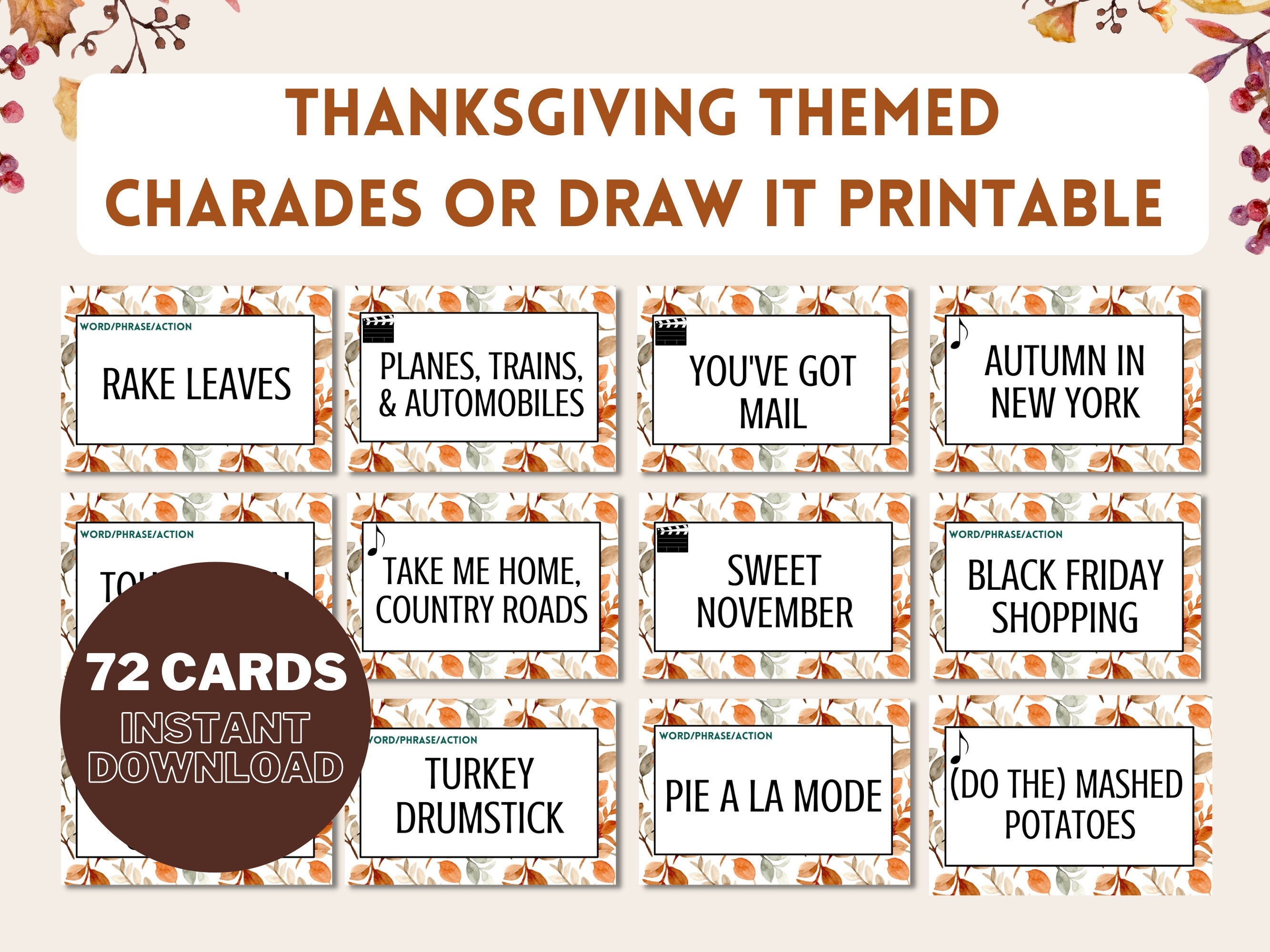 Thanksgiving Charades Printable, Thanksgiving Games Printable ...