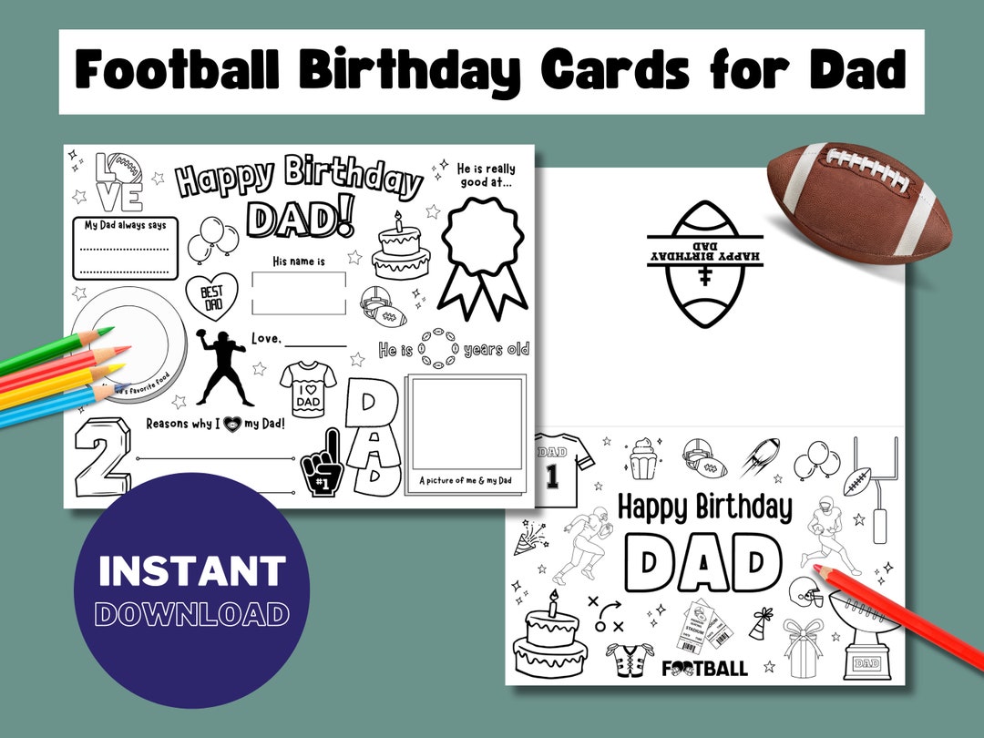 Printable Football Dad Coloring Birthday Card, DIY Birthday Card, Kids