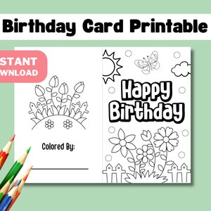 Printable Floral Birthday Card Kids Coloring Card Printable, Printable Flowers Birthday Card for Friends Family Birthday Activity for Kids