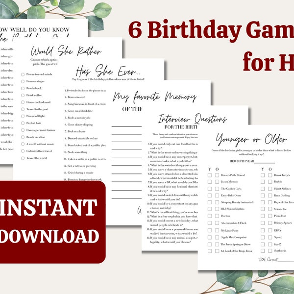 Birthday Party Games Printable for Her Birthday Games For Women, How Well Do You Know The Birthday Girl Game for Adults, Birthday Trivia