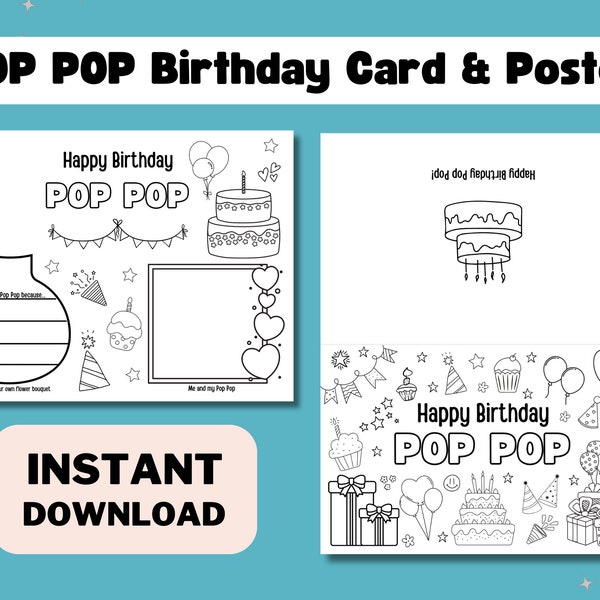 Printable Coloring Birthday Card for Pop Pop, DIY Kids Gift for Pop Pop Birthday, Instant Download Printable Card Pop Pop Birthday Printable