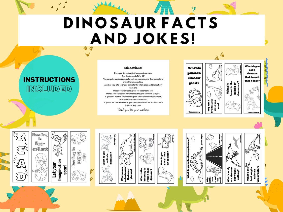 Dinosaur Bookmarks for Kids, Printable Dinosaur Party Favors, Printable ...