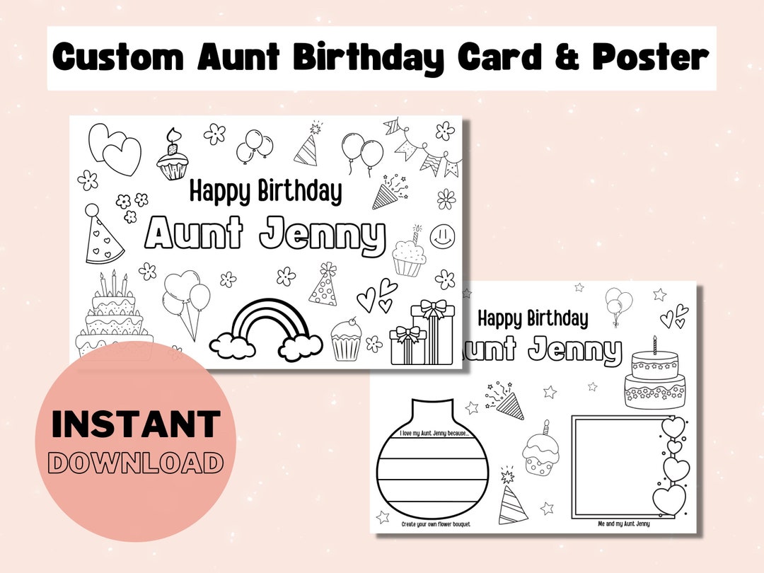 Printable Custom Coloring Birthday Card for Aunt, DIY Gift Kids Gift ...