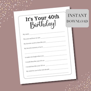 40th Birthday Game Printable, 40 Birthday Party Games, Milestone Birthday, Adult Birthday Party Printable 40 Birthday Fill In The Blank Game