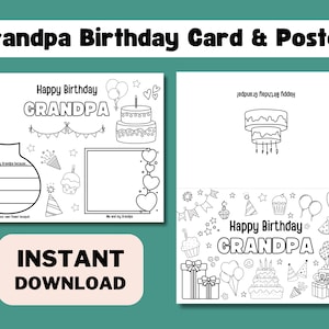 Biglietto di auguri di compleanno da colorare stampabile per il nonno, biglietto di auguri di compleanno fai da te, regalo per bambini per il nonno, biglietto di auguri di compleanno scaricabile all'istante, biglietto di compleanno stampabile