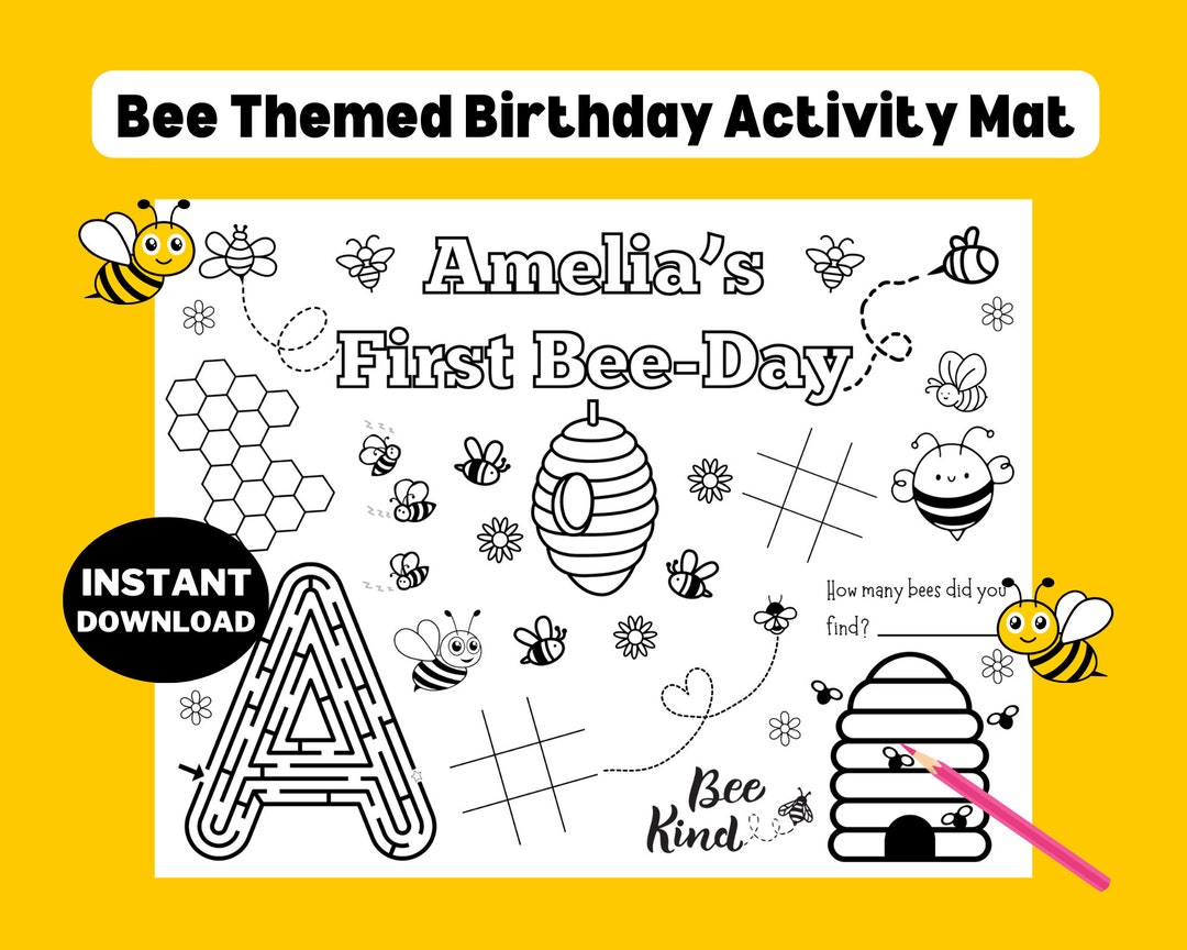 Custom Bee Birthday Coloring Placemat: First Bee-day Activity (digital ...