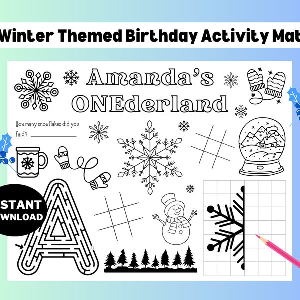 Custom Editable Winter ONEderland Themed Birthday Party Coloring Activity, First Birthday Printable, Winter Themed Birthday Party Favors