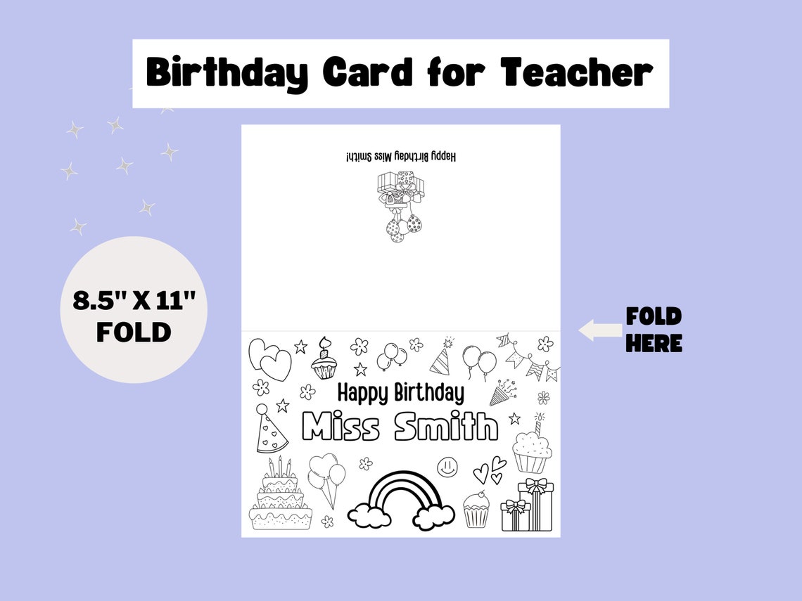 Printable Custom Coloring Birthday Card for Teacher Birthday Card DIY ...