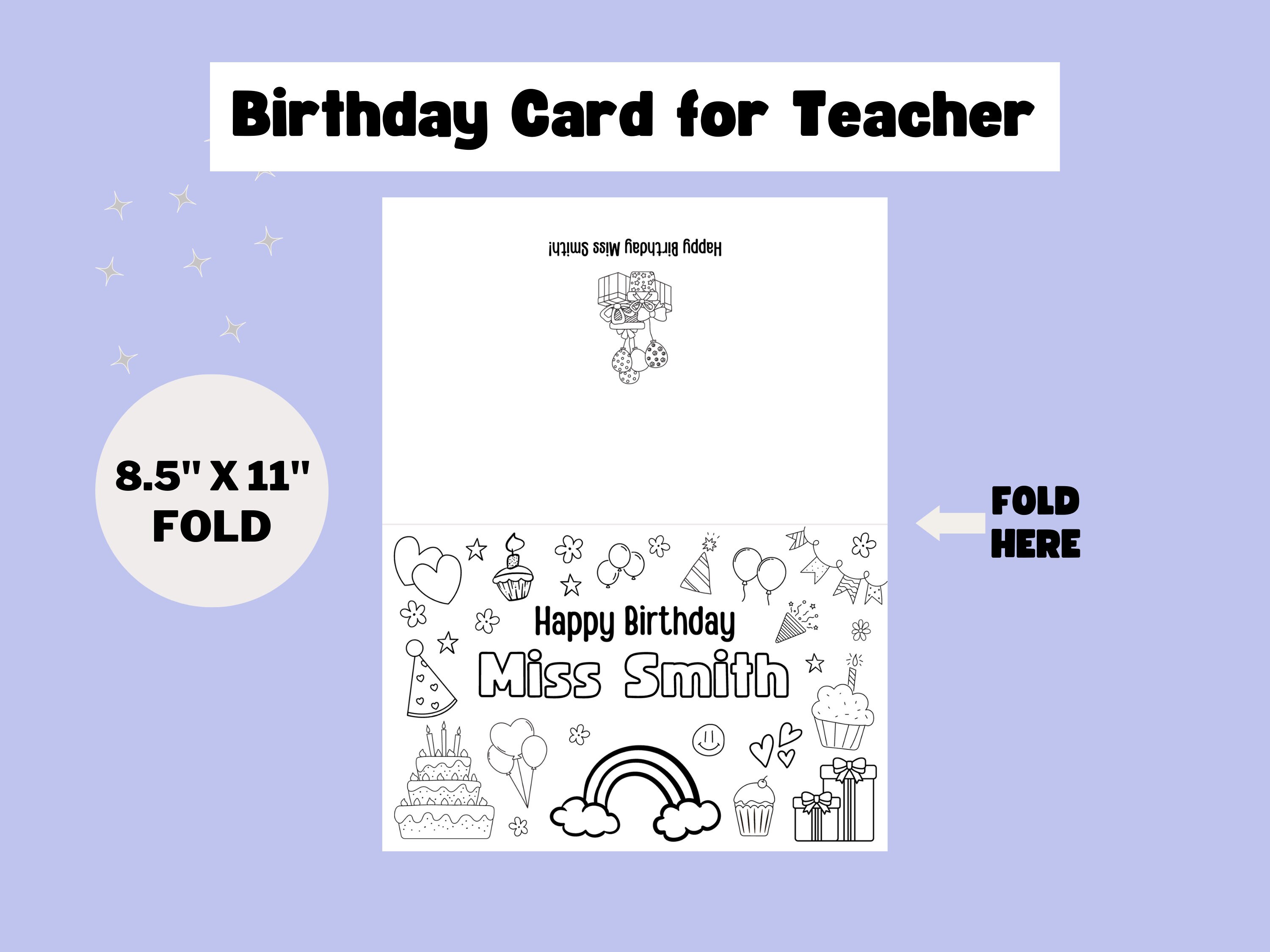Printable Custom Coloring Birthday Card for Teacher Birthday Card DIY ...