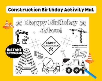 Jogo americano para colorir de aniversário de construção: atividade personalizada (download digital)