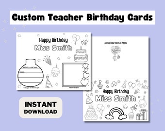 Printable Custom Coloring Birthday Card for Teacher Birthday Card DIY Kids Gift for Teacher Birthday Digital Greeting Card Printable