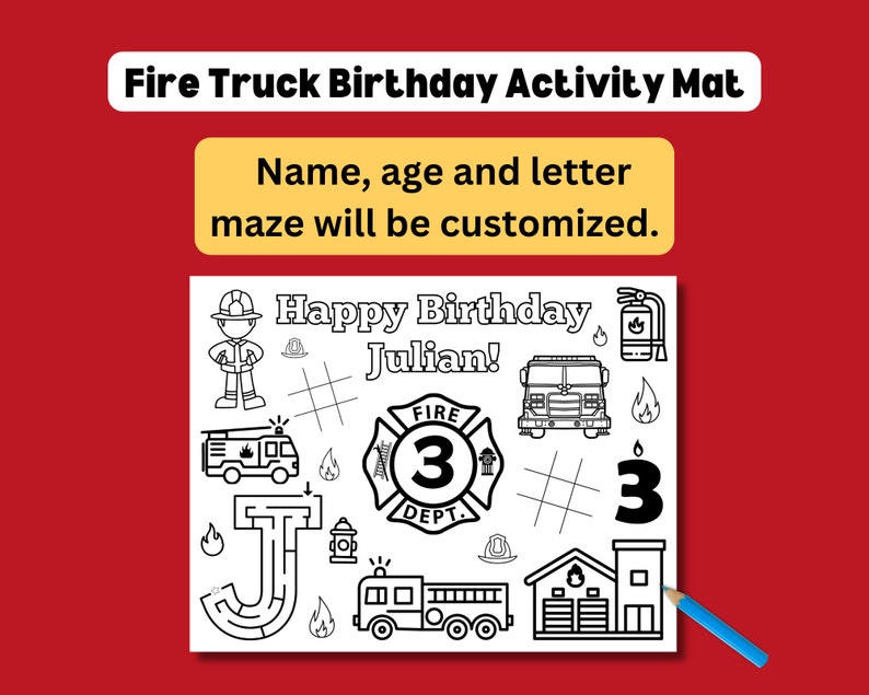 Custom Fire Truck Birthday Coloring Placemat (digital Download) - Etsy