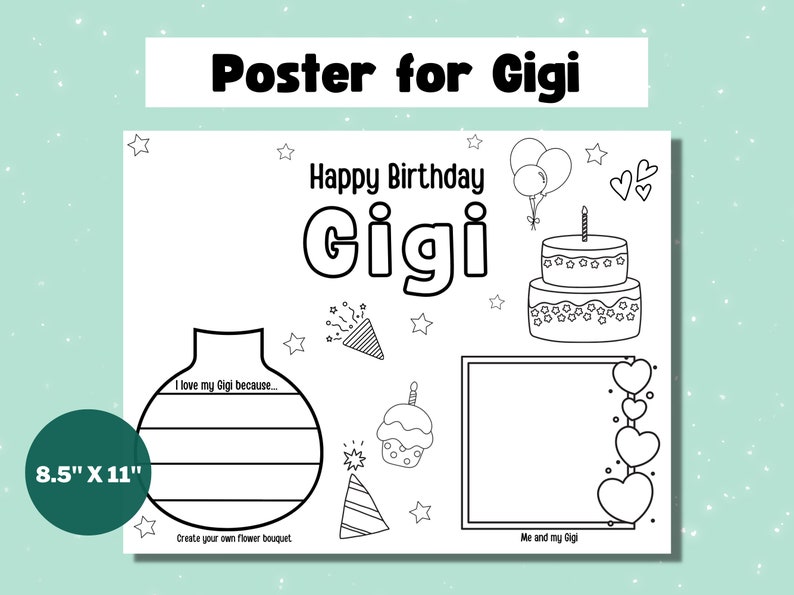 Printable Coloring Birthday Card for Gigi, Birthday Card DIY Gift Kids Gift for Birthday Instant ...