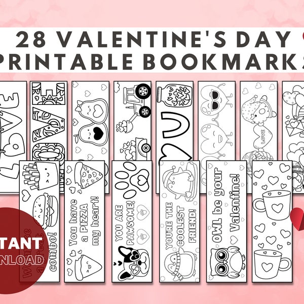 Valentine's Day Bookmarks for Kids, Printable Valentine's Day Party Favors, Printable Bookmarks, Valentine's Day Activities Kid Bookmarks