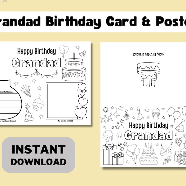 Grandad Printable Coloring Birthday Card Birthday Card DIY Kids Gift for Grandad Birthday Instant Download Printable Card Birthday Printable