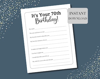 70th Birthday Fill-In-Blank Game: Keepsake Memory (Digital Download)