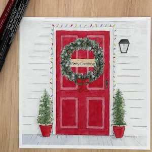 Corona navideña con acuarela y bolígrafo, impresión giclée de 5 x 5 pulgadas, arte de pared navideño personalizado, ilustración de casa navideña pintada a mano