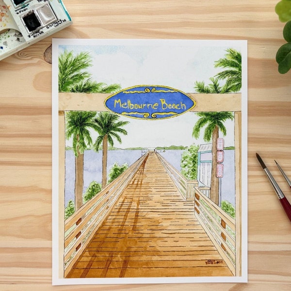 Melbourne Beach Pier Archival Giclee Watercolor and Ink Print 5x7 8x10 11x14