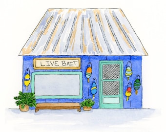 Cute Coastal Bait Shop Watercolor Giclee Art Print: Rustic Shack Painting, Kid's Room Art (5x5)