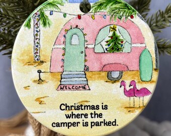 Beachy Camper Christmas Ornament: Tropical Holiday Decoration