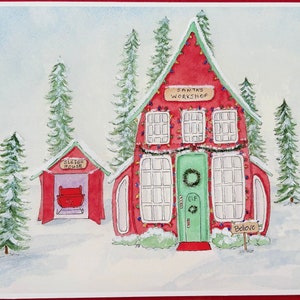 May include: A watercolor painting of a red Santa's workshop with a green door and a sign that says "Santa's Workshop". There is a smaller red building next to it with a sign that says "Sleigh House". Both buildings are decorated with lights and snow. The painting has a white background and a green and white snowy landscape.