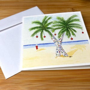 Tarjeta navideña de Papá Noel en la playa (10,8 x 10,8 cm, con sobre) - Dos estilos