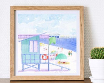 Cocoa Beach Pier Watercolor Print - Two Versions | Coastal Wall Art | Florida Square Painting |5x5 Giclee 8x8 Art