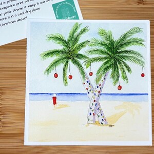 Impression d'art de Noël Père Noël sur la plage 5 x 5 avec enveloppe | Cadeau tropical des fêtes
