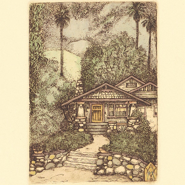 Craftsman Bungalow print - Ltd edition etching -By the Arroyo - Mission style - Arts and Crafts