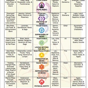 Puede incluir: Un gráfico que muestra los siete chakras, sus posturas de yoga correspondientes, aceites esenciales, signos del zodíaco, elementos y piedras preciosas. El gráfico está titulado "Chakra Chart" e incluye la dirección del sitio web "www.ancient-elements.co.uk".