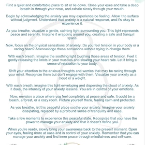May include: A meditation script for anxiety, featuring a tree with roots and the text "MEDITATION SCRIPT ANXIETY". The script provides a step-by-step guide to managing anxiety through visualization and mindfulness techniques.