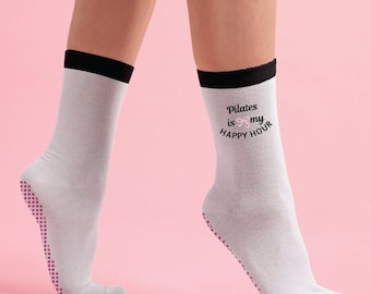 Pilates Happy Hour Embroidered Grip Socks l Non-Slip Grip for Pilates, Barre and Lagree